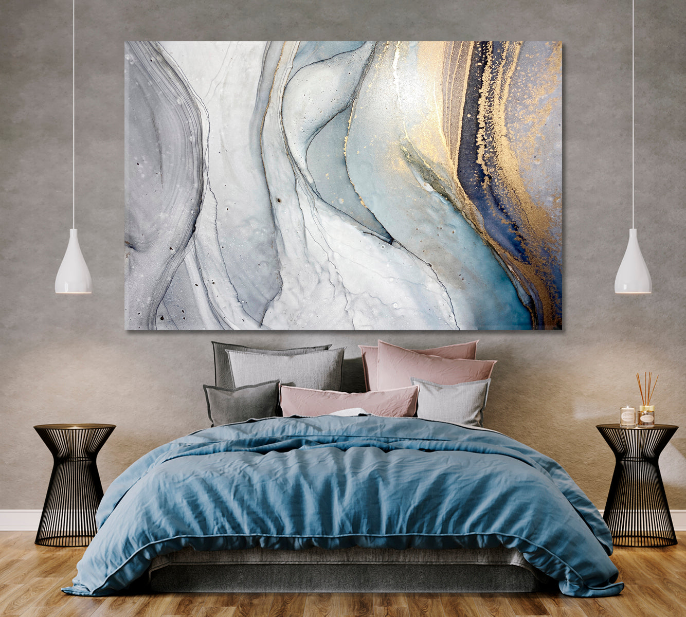 MARBLE FLOW Abstract Blue Light Grey Veins Fluid Art, Oriental Marbling Canvas Print Artesty   