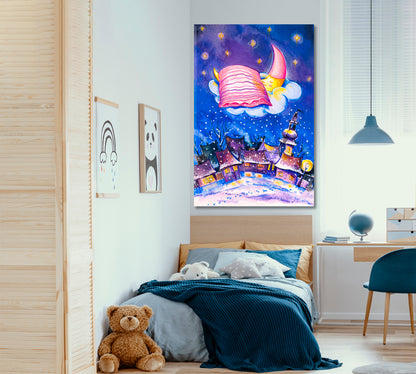 Sleeping Moon on Cloud Kids Room Concept Canvas Print | Vertical Kids Room Canvas Art Print Artesty   