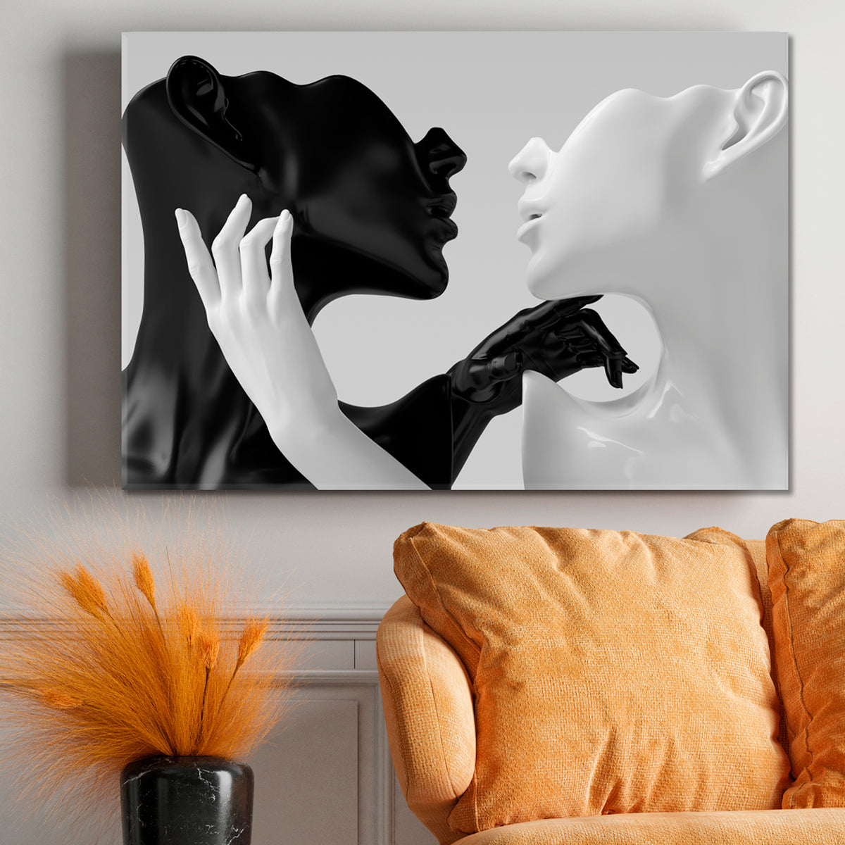 ABSTRACT ELEGANT Black and White Yin and Yang On Grey Black and White Wall Art Print Artesty 1 panel 24" x 16" 