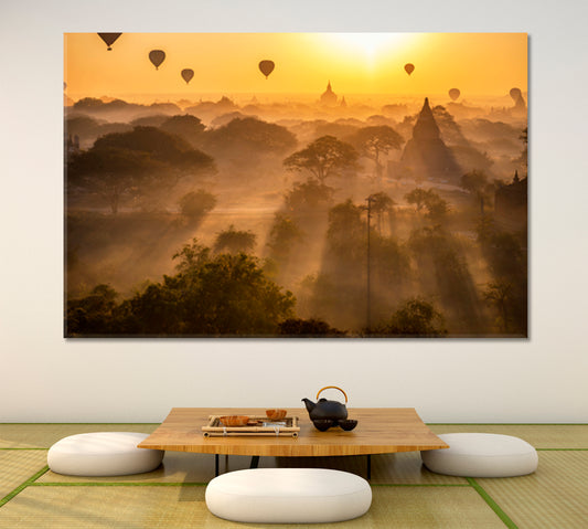 Buddhism Attraction Misty Landscape Sunrise Air Balloons Ancient Pagoda Myanmar Bagan Old Kingdom Burma Asia Asian Style Canvas Print Wall Art Artesty 1 panel 24" x 16" 