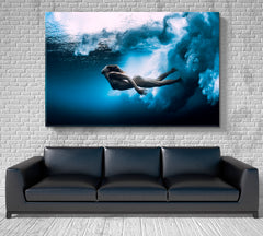UNDERWATER | Woman Swim Underwater Amazing Shot Canvas Print Nautical, Sea Life Pattern Art Artesty   