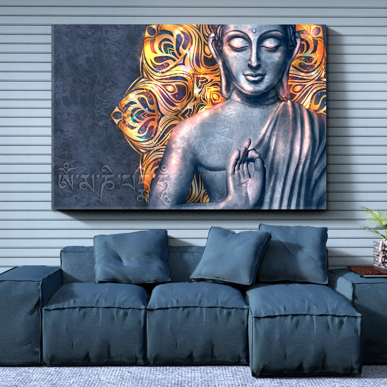 Bright Buddha Lotus Pose Mandala Mantra Om Mani Padme Hum Religious Modern Art Artesty 1 panel 24" x 16" 