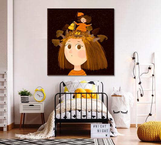 THOUGHTS Getting Into Big Head Surreal Kids Fairy Nursery Art Canvas Print | Square Panel Kids Room Canvas Art Print Artesty   