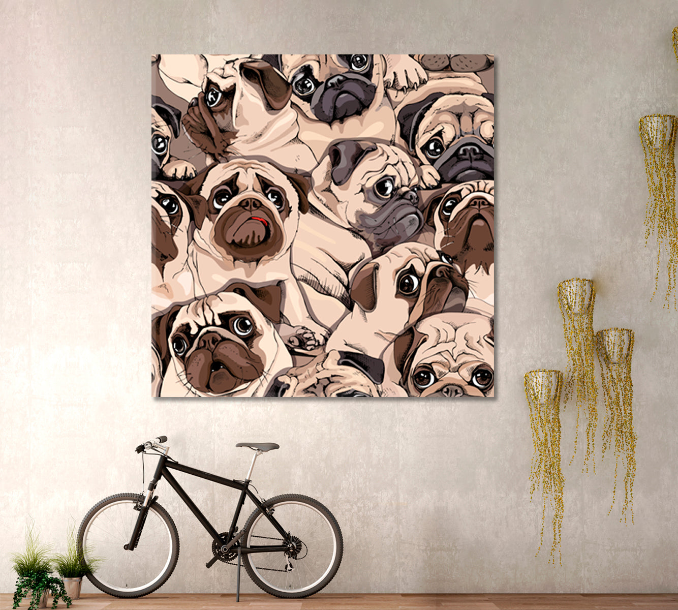 Funny Pugs Composition Sepia Art Style Humor Whimsical Animals Canvas Print - Square Panel Animals Canvas Print Artesty   