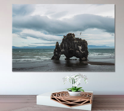 Hvitserkur Stone Rock in Mammoth Shape Vatnsnes Peninsula Iceland Hunafloi Bay Canvas Print Famous Landmarks Artwork Print Artesty 1 panel 24" x 16" 