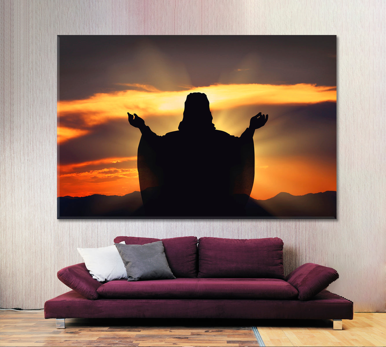 BELIEVE HOPE LOVE Silhouette Jesus Sunset Religious Modern Art Artesty 1 panel 24" x 16" 