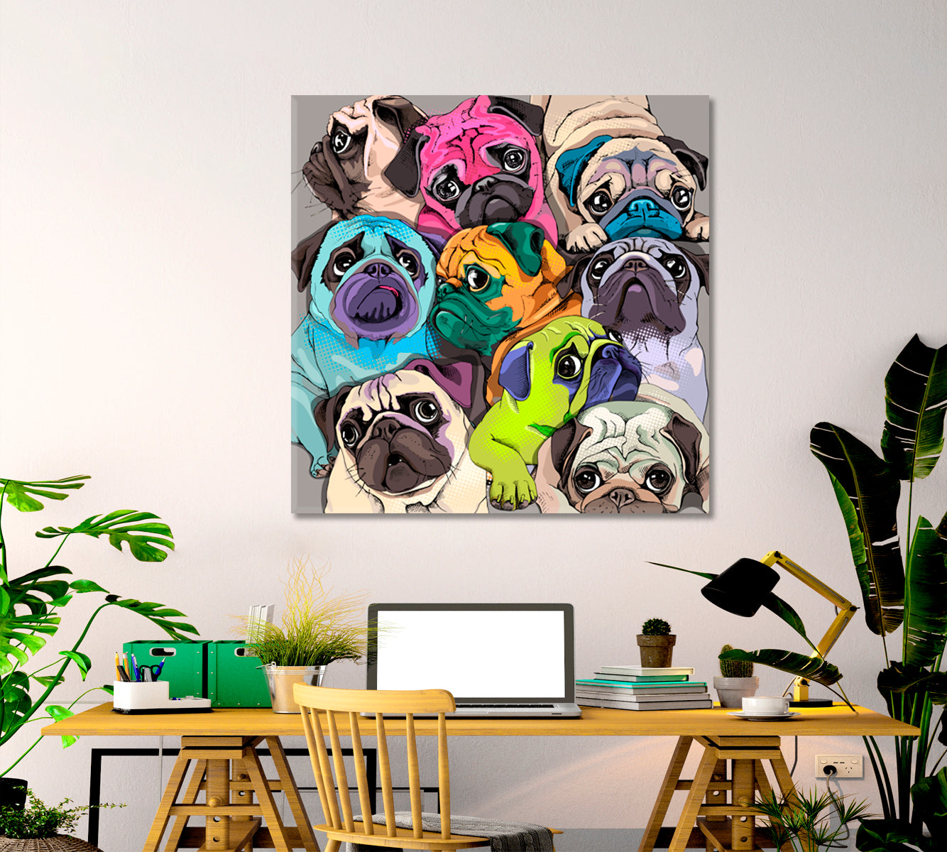 Funny Pugs Dogs Bright Colors Pop Art Whimsical Animal Canvas Print - Square Panel Animals Canvas Print Artesty   