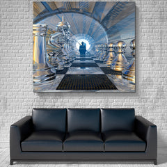 FANTASY Surreal Silent Watcher on the Chessboard Canvas Print - Square Panel Surreal Fantasy Large Art Print Décor Artesty   