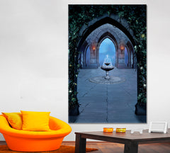 ARCHED VAULT AND FOUNTAIN Font Medieval Castle at Night Urban | Vertical Photo Art Artesty   