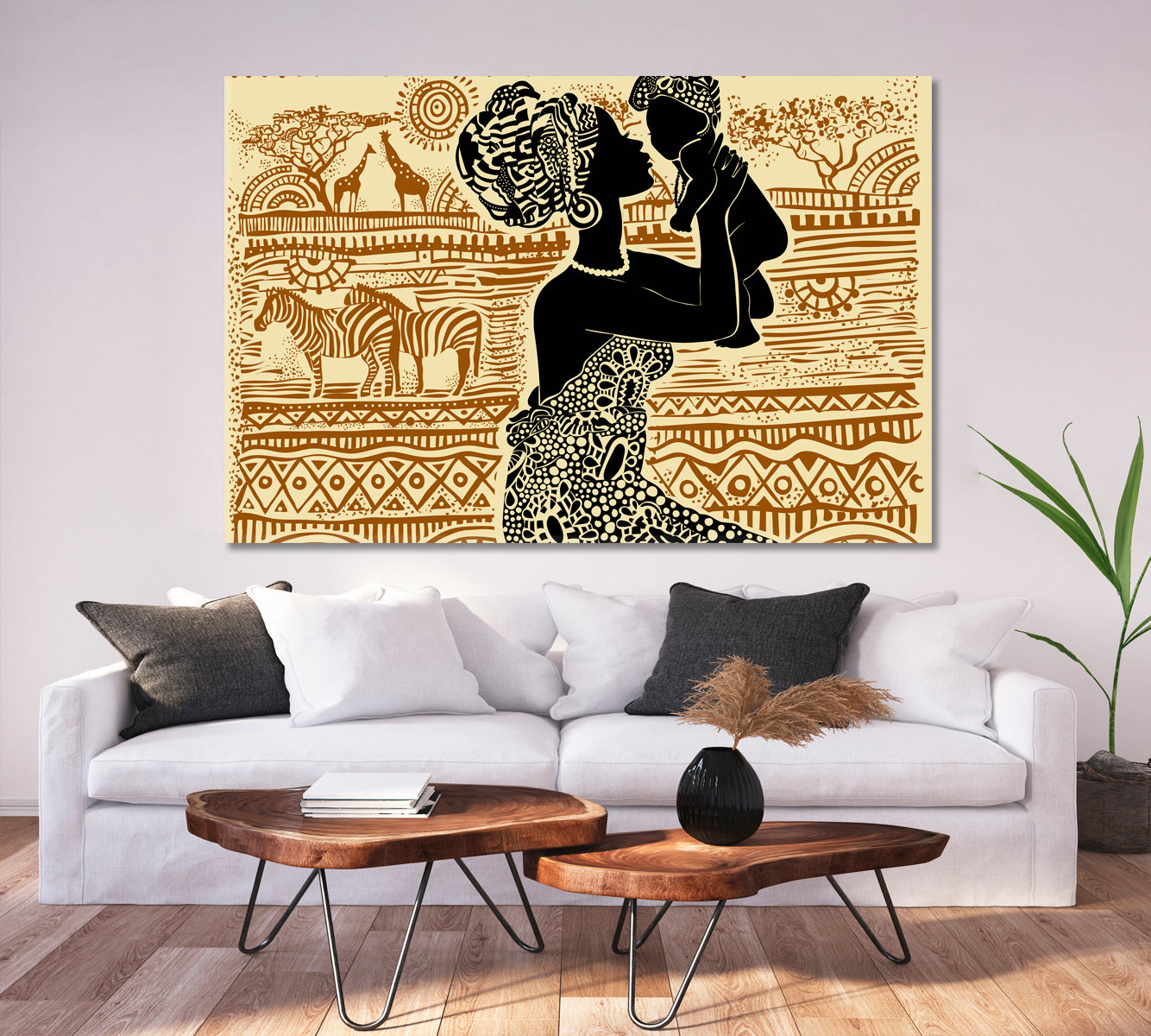 African Ethnic Retro Style, Beautiful African Black Woman With a Baby Sierra Leone Abstract Art Print Artesty 1 panel 24" x 16" 