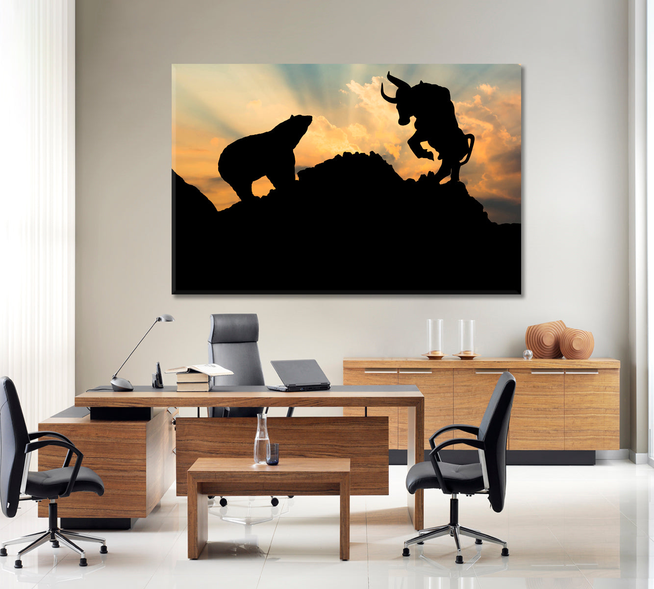 POWERFUL Bear and Bull Market Office Wall Art Canvas Print Artesty 1 panel 24" x 16" 