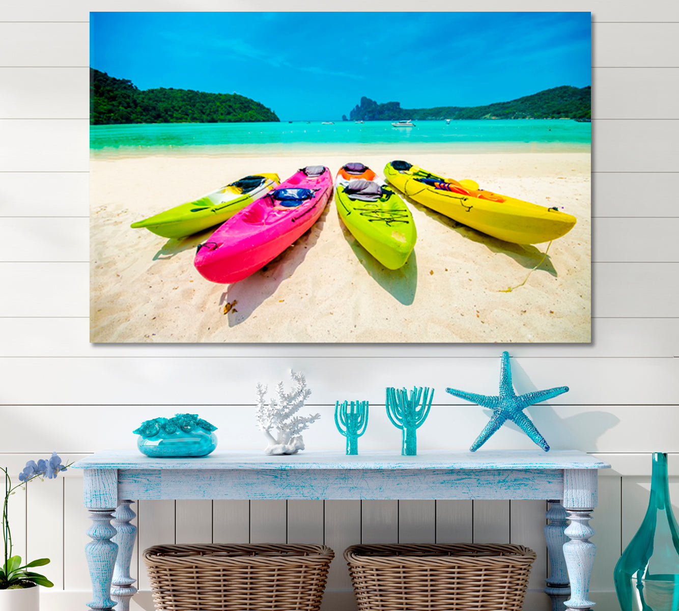 ADVENTURE Colorful Kayaks Boat Caribbean Beach Blue Ocean Traveling Around Ink Canvas Print Artesty 1 panel 24" x 16" 