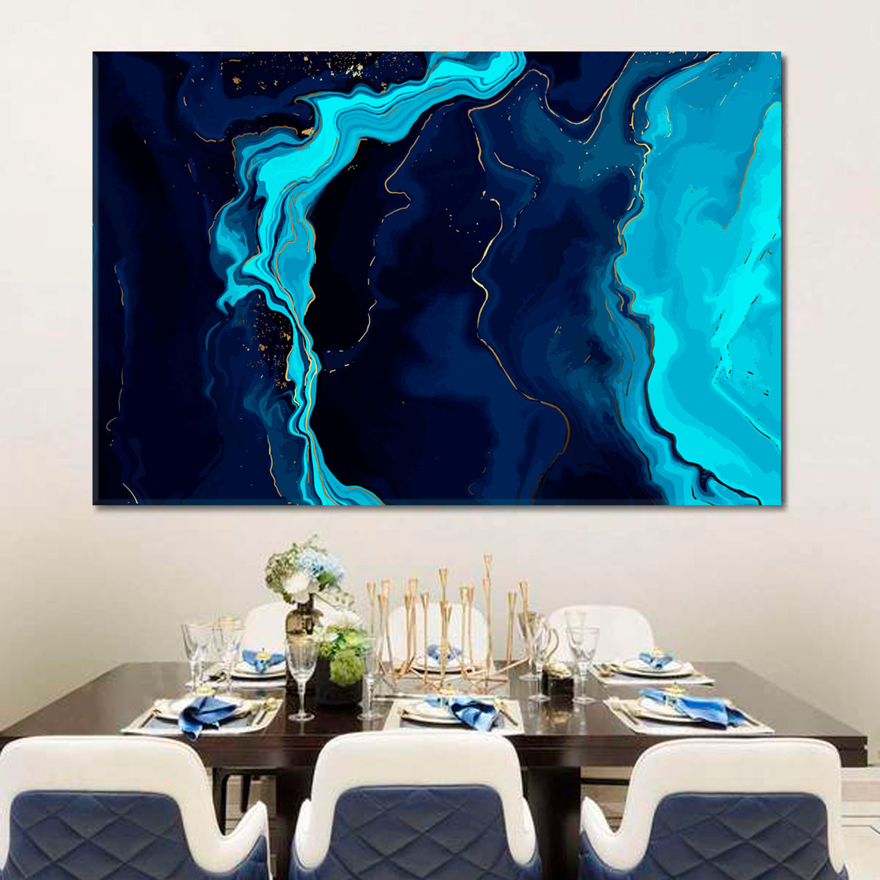 NAVY BLUE MARBLE Turquoise Ocean Trendy Modern Abstract Canvas Print Fluid Art, Oriental Marbling Canvas Print Artesty 1 panel 24" x 16" 