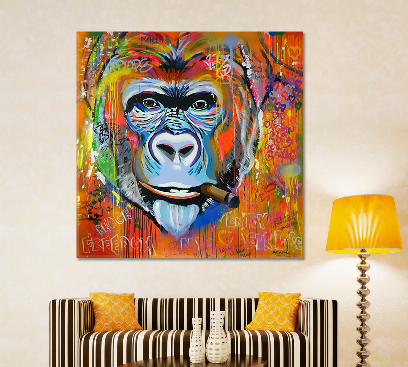 Monkey Gorilla Smoking Cigar Grunge Banksy Graffiti Style - S Contemporary Art Artesty   