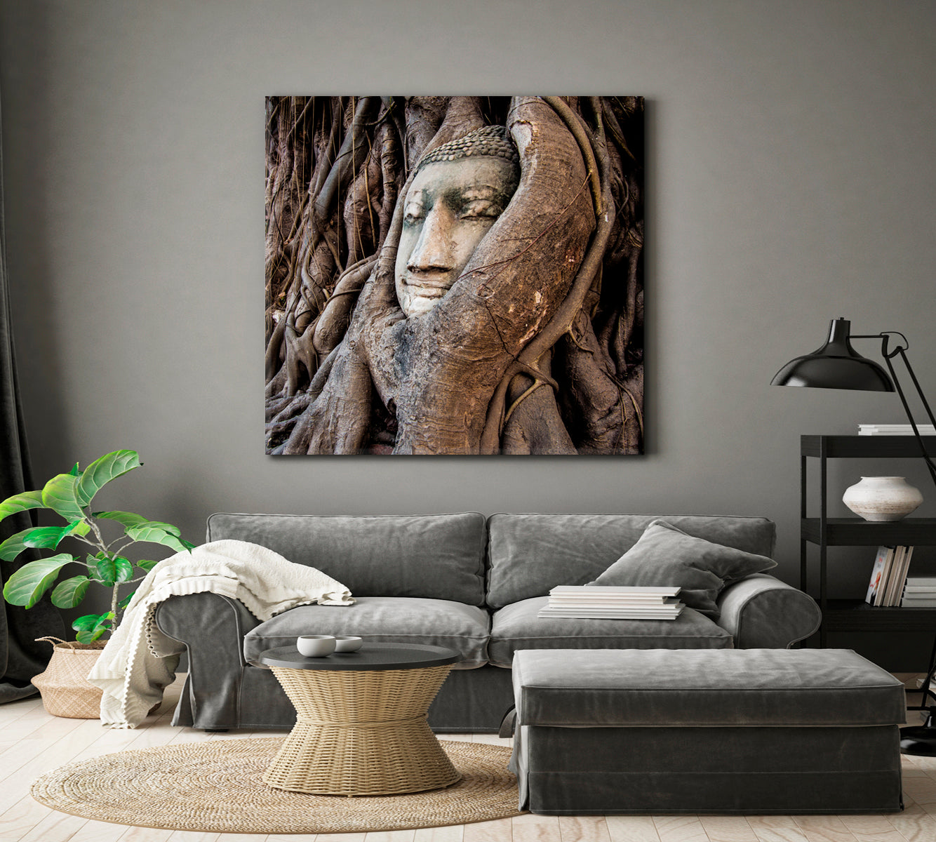 Head of Buddha Statue Tree Roots Wat Mahathat Ayutthaya Thailand Canvas Print | Square Panel Famous Landmarks Artwork Print Artesty   