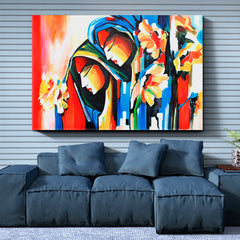 Blue Red Lord Radha Krishna with Flute Religious Modern Art Artesty 1 panel 24" x 16" 