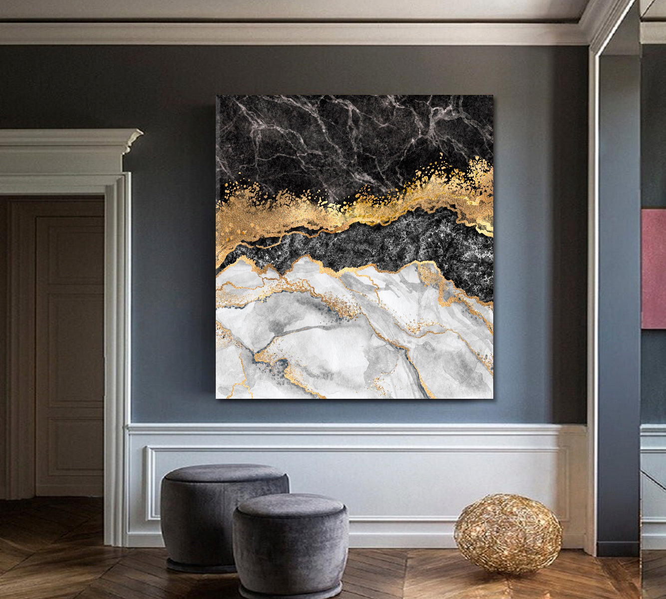 Black & Gold Abstract Marble Effect Canvas Print - Square Fluid Art, Oriental Marbling Canvas Print Artesty   