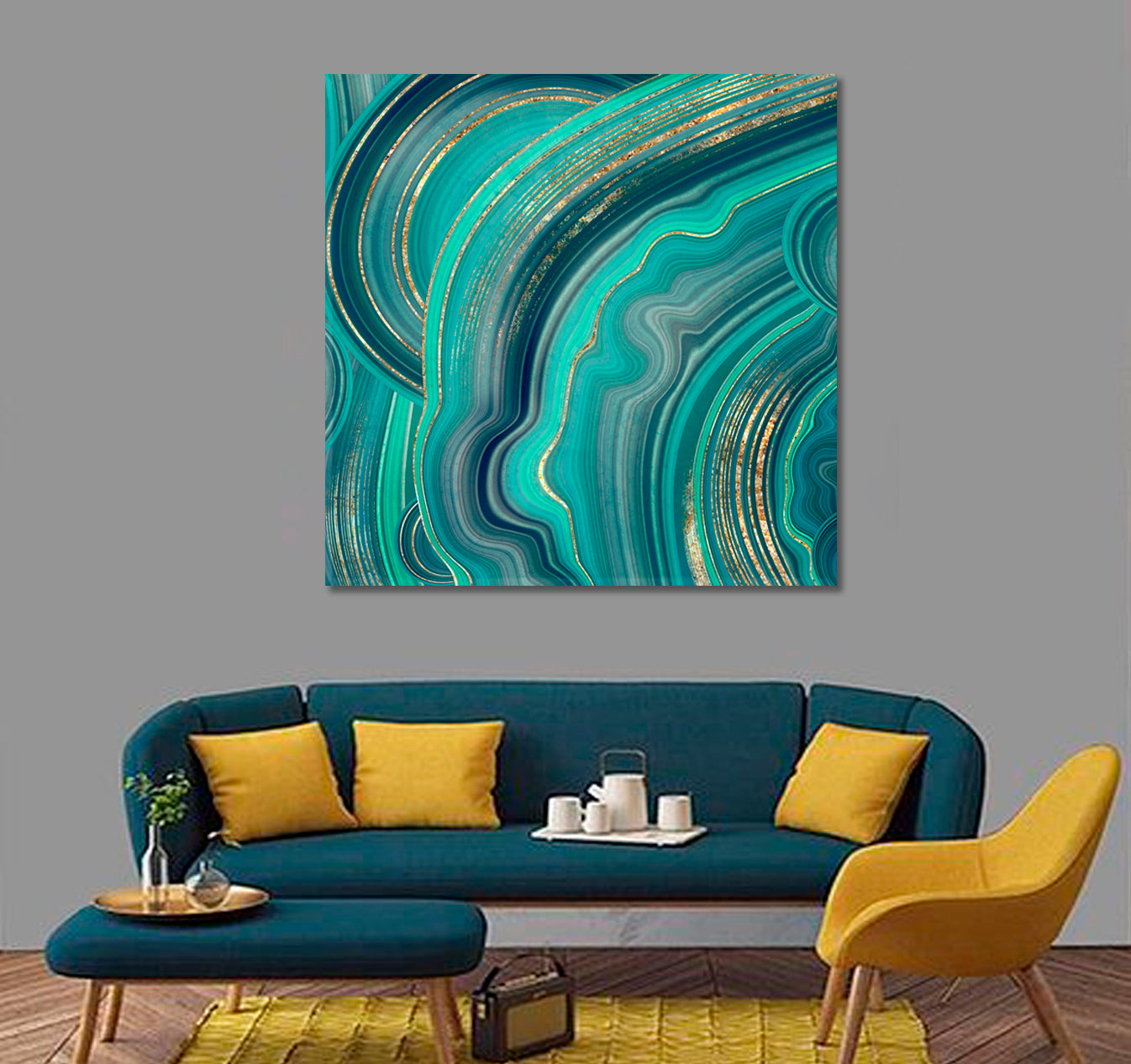TURQUOISE Abstract Marble Agate Mint Green and Gold Veins Fluid Art, Oriental Marbling Canvas Print Artesty   