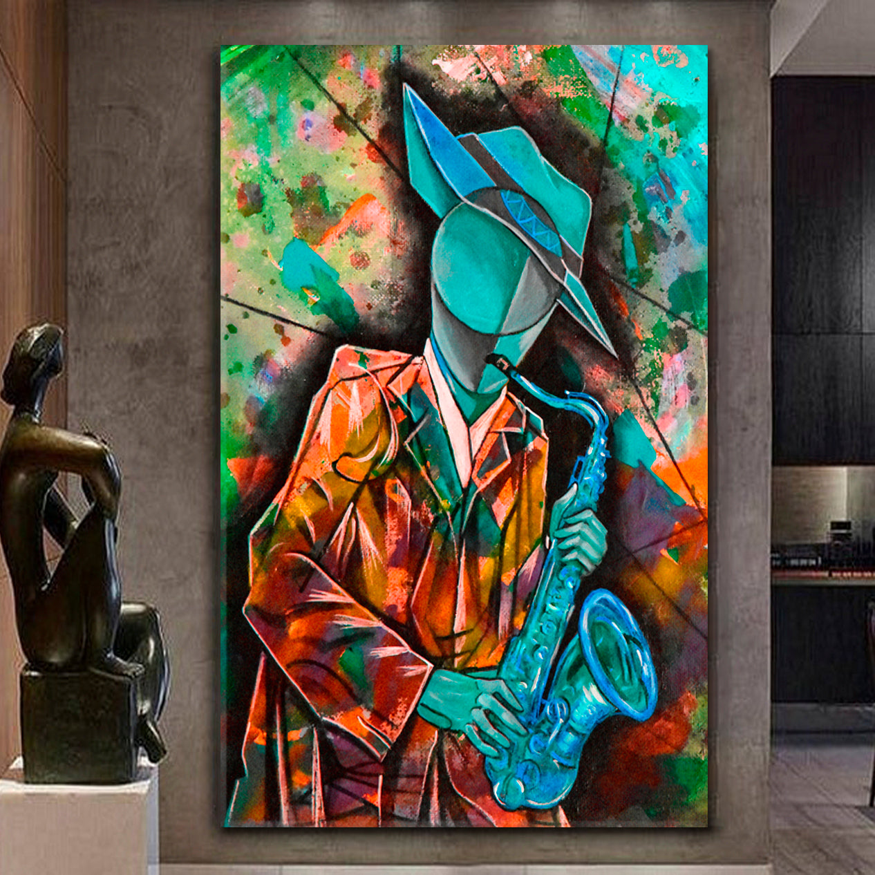 JAZZ MAN Saxophone Cubist Surrealism Modern Abstract Painting Cubist Trendy Large Art Print Artesty   