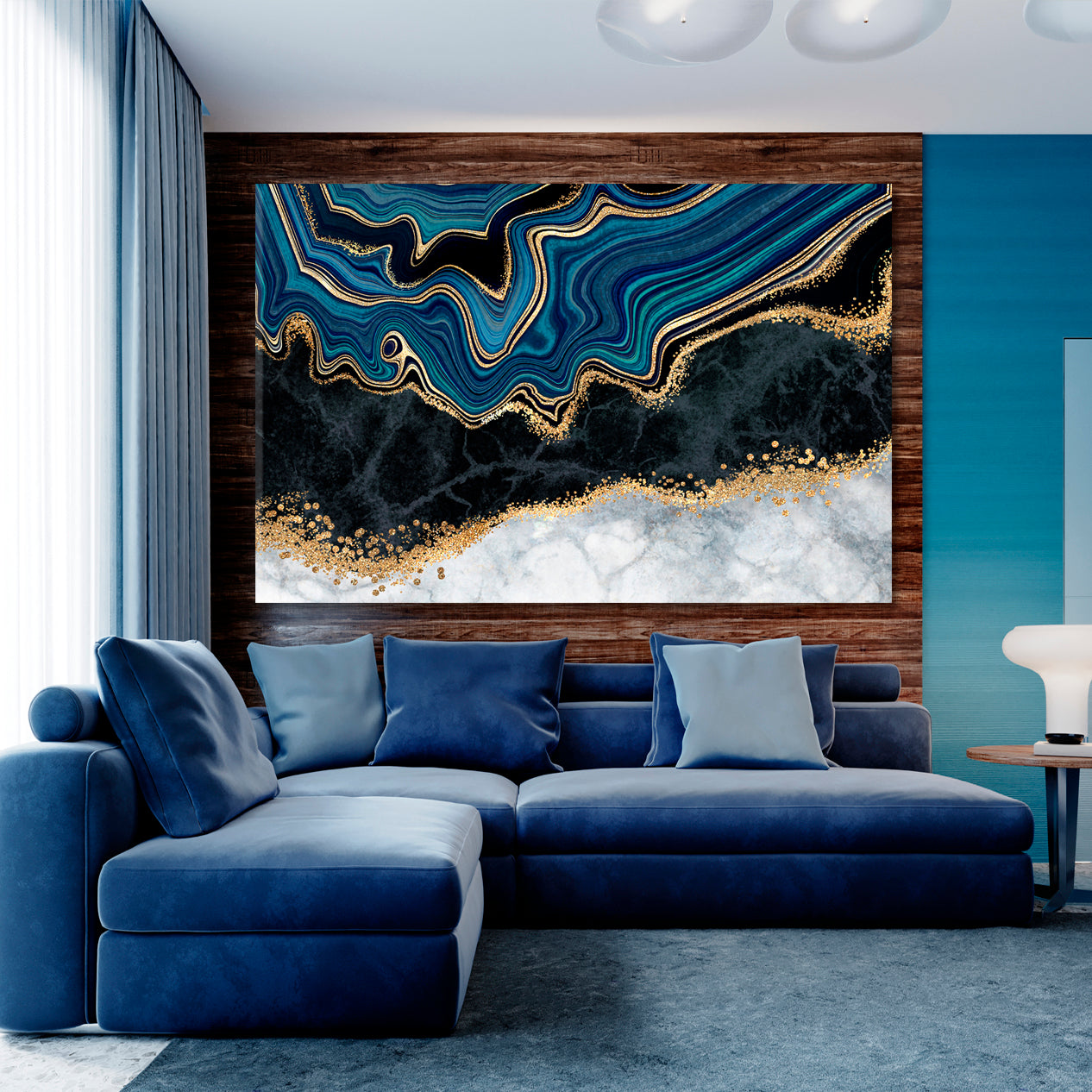 Blue Agate Golden Veins White Black Marble Pattern Abstract Art Print Artesty 1 panel 24" x 16" 