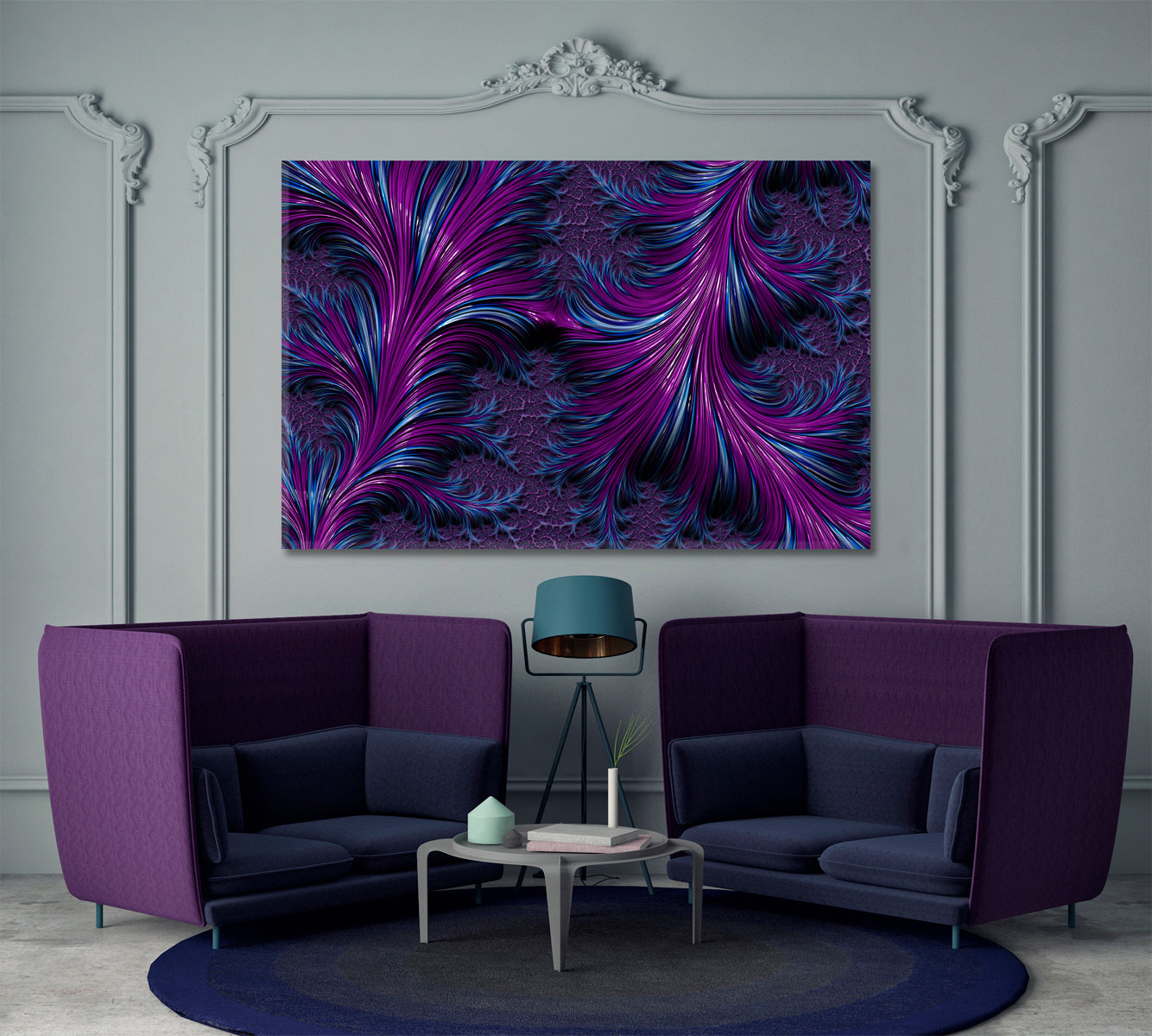 Abstract Fractal Spiral Swirls Purple and Navy Blue Feathers Canvas Print Contemporary Art Artesty   