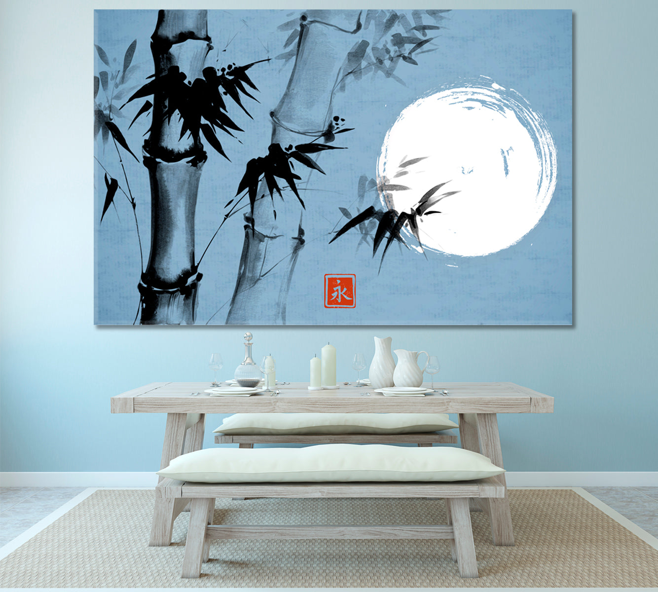 ETERNITY Sumi-e Hieroglyph Bamboo Moon Traditional Japanese Ink Canvas Print Blue Color Asian Style Canvas Print Wall Art Artesty   