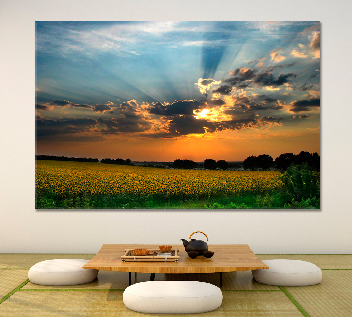 Colorful Sunset Sun Rays Amazing Field of Sunflowers Landscape Scenery Landscape Fine Art Print Artesty   