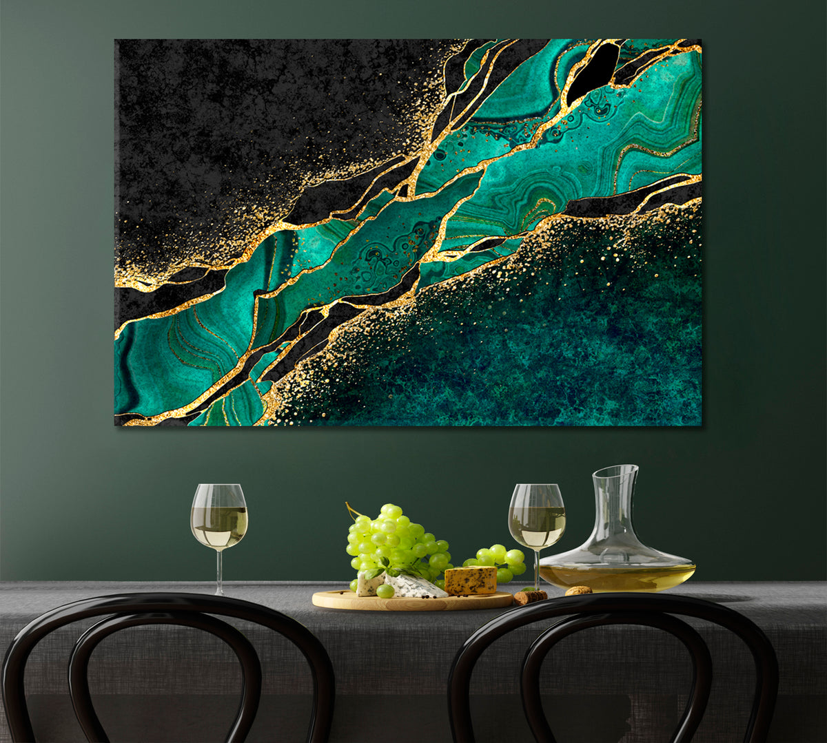 Green Malachite | Luxury Abstract Marble With Golden Veins Giclée Print Fluid Art, Oriental Marbling Canvas Print Artesty 1 panel 24" x 16" 