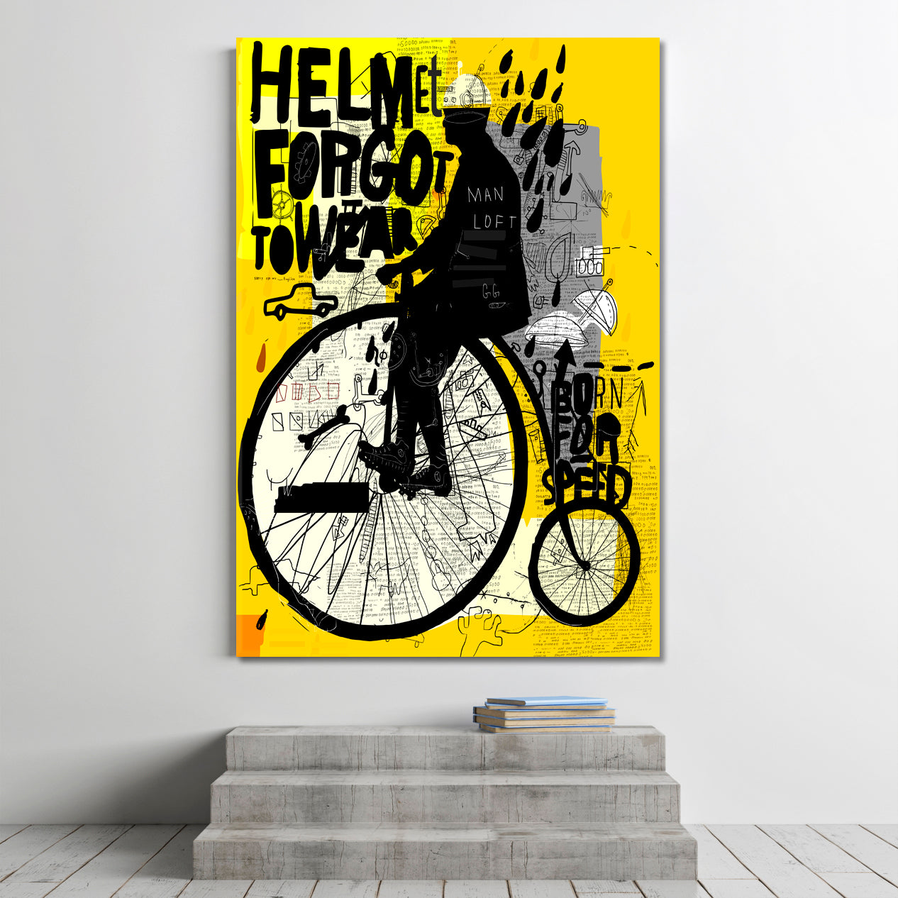 Man Riding Old Retro Bicycle Graffiti Style Yellow Poster Abstract Art Print Artesty   