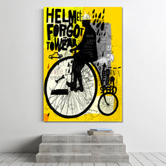 Man Riding Old Retro Bicycle Graffiti Style Yellow Poster Abstract Art Print Artesty   