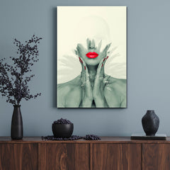 MODERN ABSTRACT ART Beautiful Woman Red Lips Tropical Palms Contemporary Art Artesty 1 Panel 16"x24" 