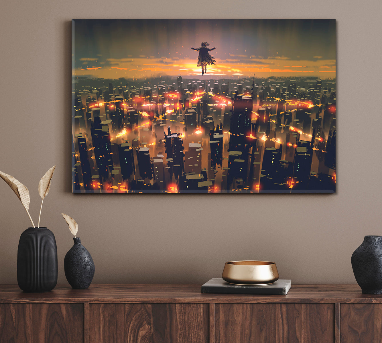 Man Floating Sky Over City Fantasy Surreal Painting Surreal Fantasy Large Art Print Décor Artesty   