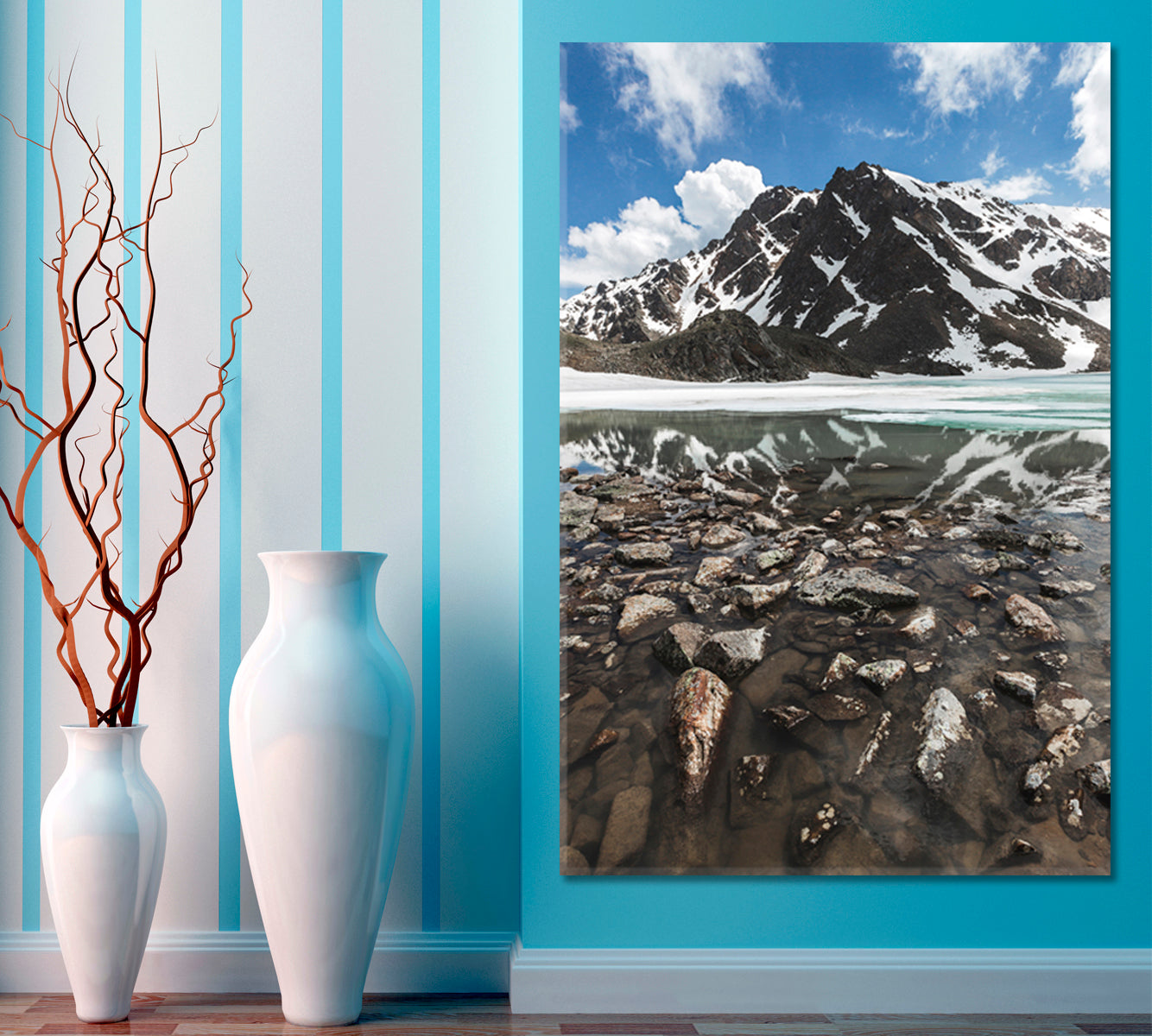 Panoramic Winter Mountain Landscape Snow Peaks Frozen Lake Water Reflection  - Vertical Scenery Landscape Fine Art Print Artesty 1 Panel 16"x24" 