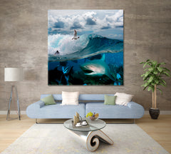 WILDLIFE Underwater Sea Life Breaking Wave Sky Seagulls Shark - S Nautical, Sea Life Pattern Art Artesty   