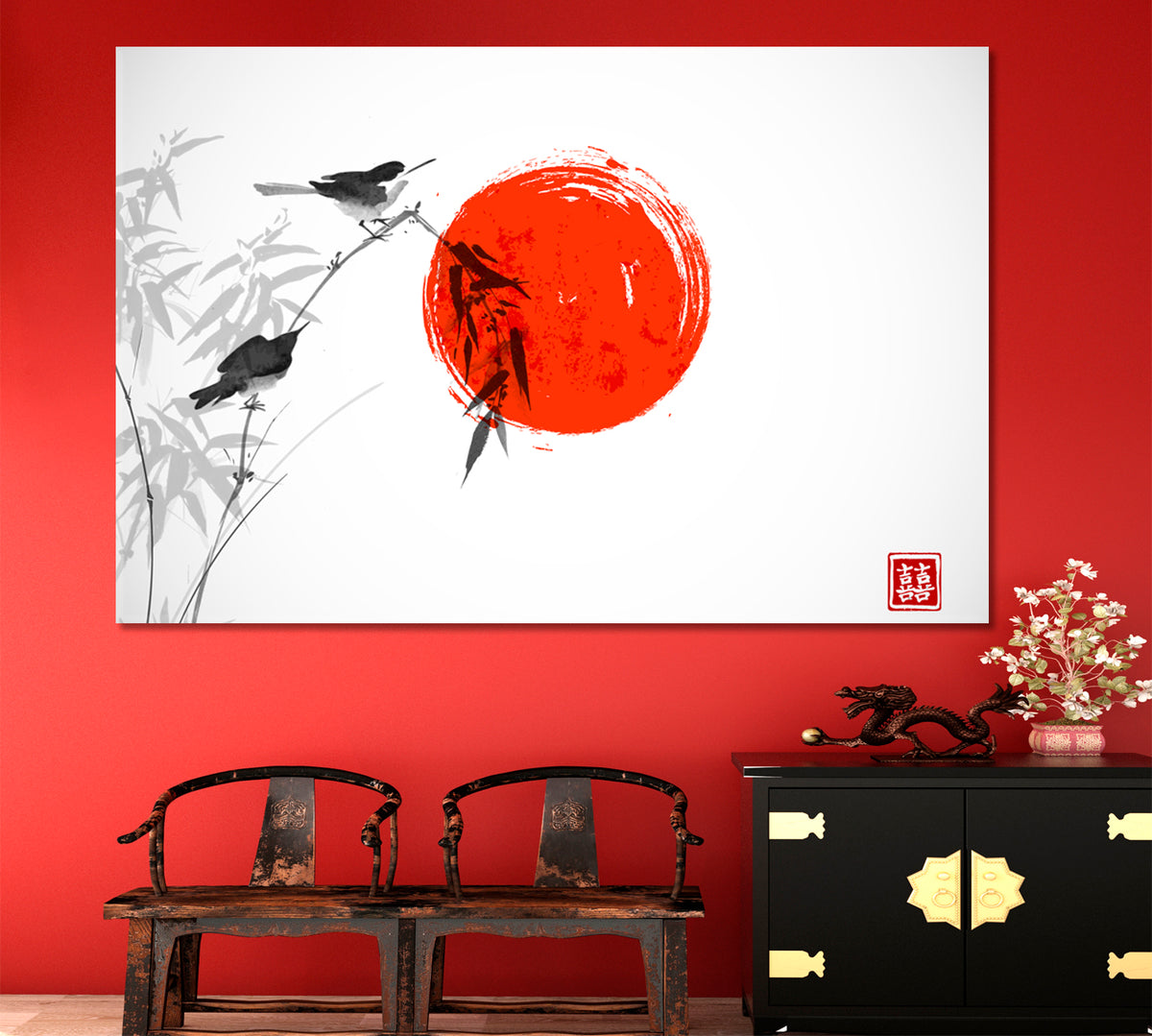 DOUBLE CHANCE Traditional Oriental Ink Print Asian Style Canvas Print Wall Art Artesty 1 panel 24" x 16" 