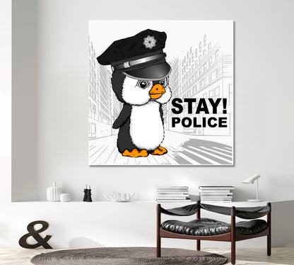 Cute Sweet Penguin Police Cap, Funny Whimsy Animals KIDS ROOM CONCEPT Canvas Print | Square Panel Kids Room Canvas Art Print Artesty   