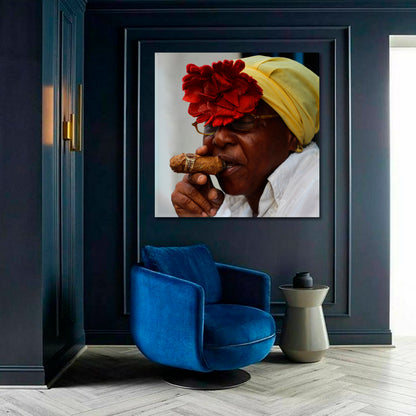 HAVANA Cuban African American Woman Cigar Smoking Head Scarf | Canvas Print - Square Panel People Portrait Wall Hangings Artesty   