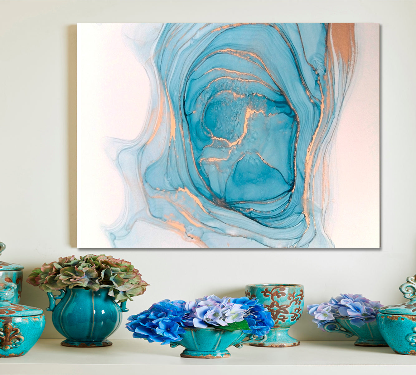 SPRING LAKE Soft Blue Cerulean Marble Abstract Fluid Ink Pattern Fluid Art, Oriental Marbling Canvas Print Artesty 1 panel 24" x 16" 
