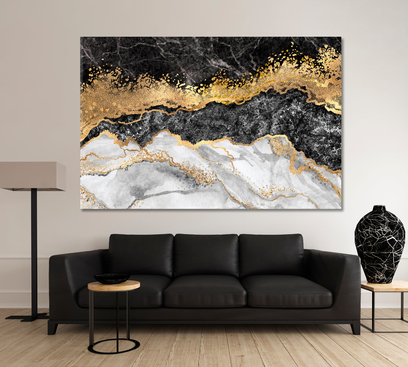 Marble Black White Gold Abstract Contemporary Decorative Marbling Pattern Giclée Print Fluid Art, Oriental Marbling Canvas Print Artesty   