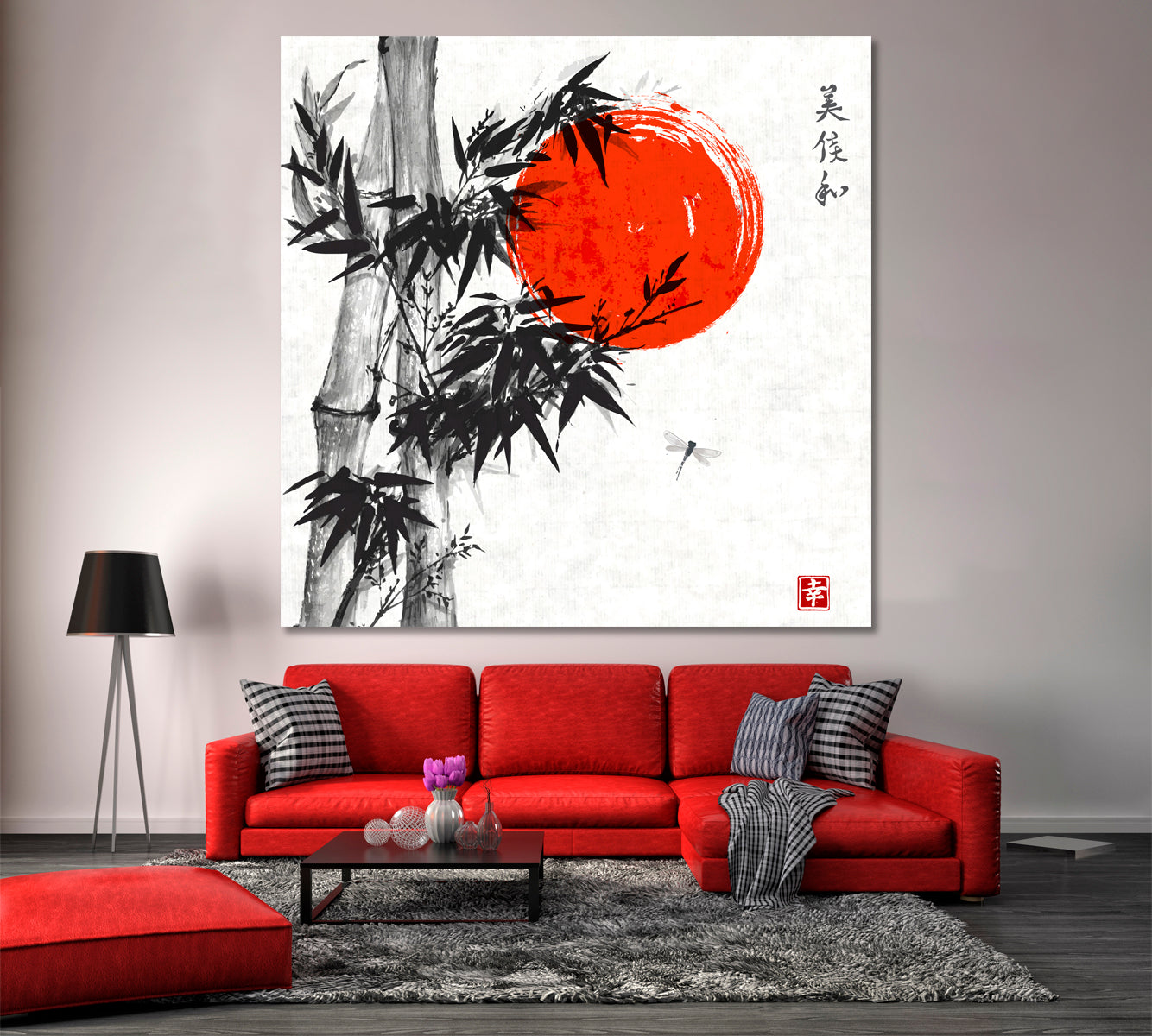 Bamboo Trees Dragongfly Red Sun Happiness Beauty Perfection Eternity - S Asian Style Canvas Print Wall Art Artesty   