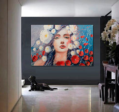 VENUS TEARS  Red Poppies and Beautiful Woman Fine Art Artesty 1 panel 24" x 16" 