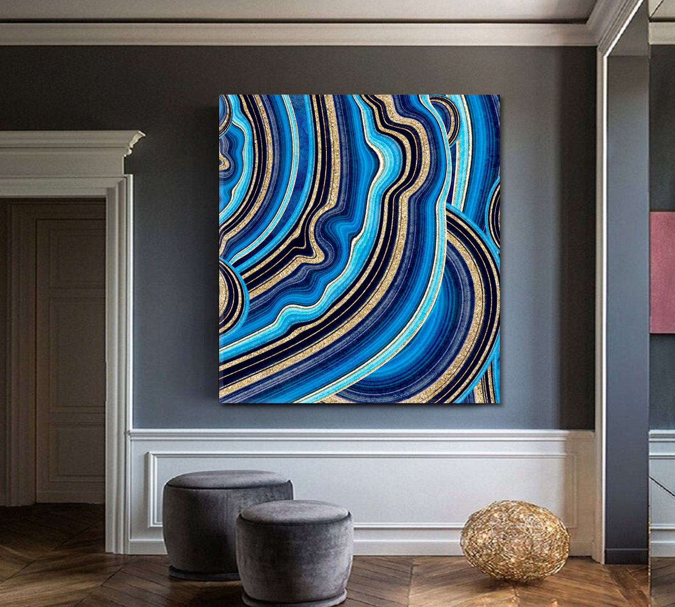 Agate with Blue and Gold Veins Swirls of Marble Canvas Print - Square Abstract Art Print Artesty   