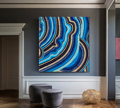 Agate with Blue and Gold Veins Swirls of Marble Canvas Print - Square Abstract Art Print Artesty   