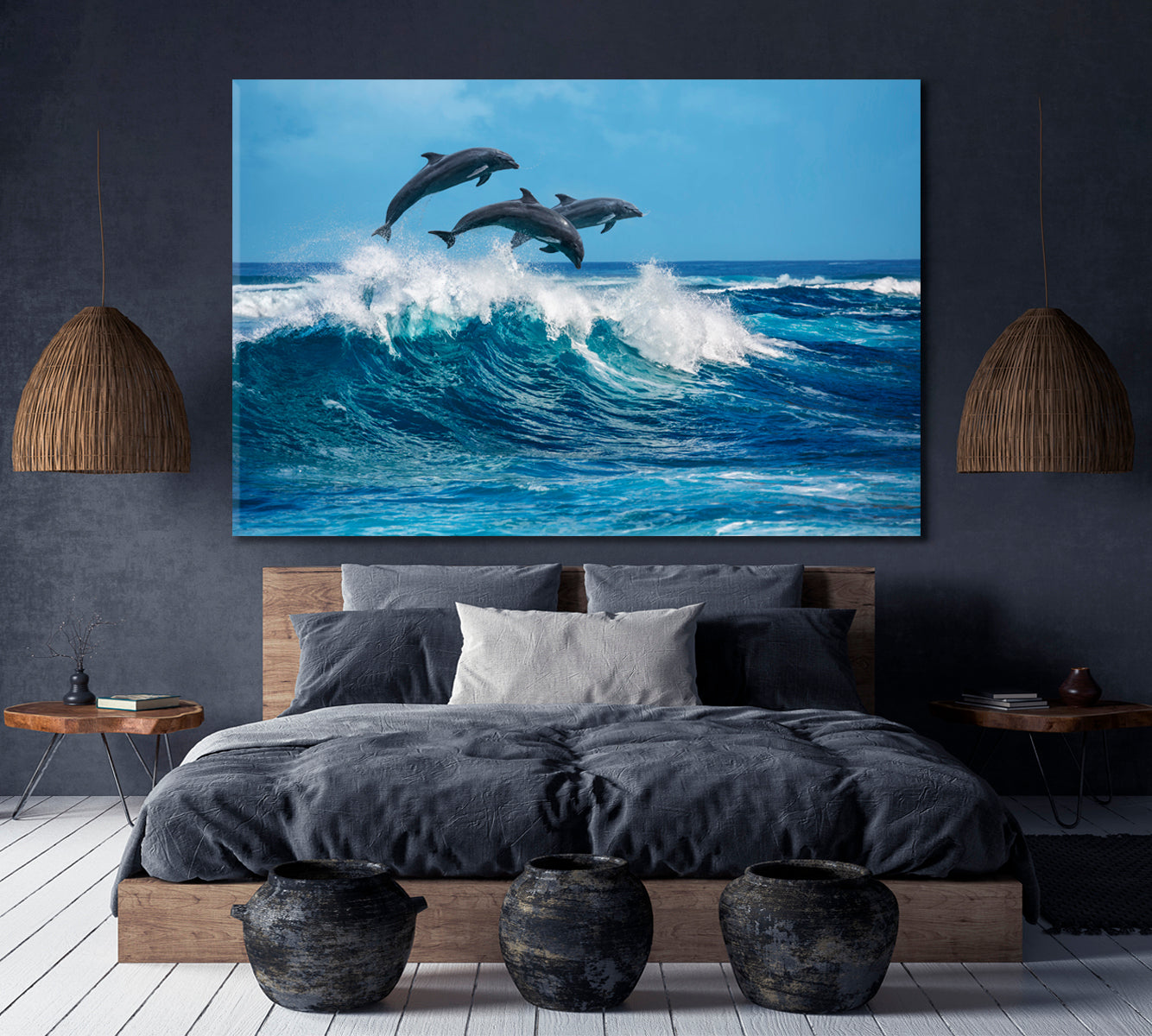WILDLIFE Ocean Hawaii Dolphins Breaking Waves Marine Animals Nautical, Sea Life Pattern Art Artesty 1 panel 24" x 16" 