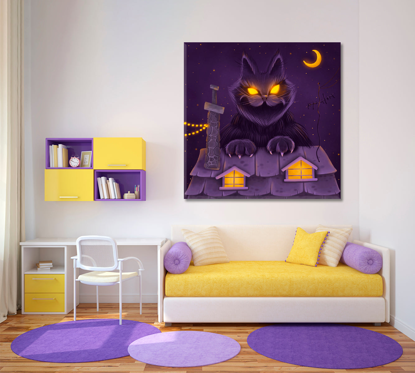 FAIRY TALE Huge Fairy Yule Cat Dreamlike Surreal Kid's Art Canvas Print | Square Panel Kids Room Canvas Art Print Artesty   