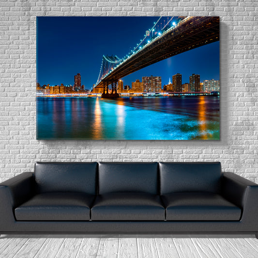 New York City Skyline Manhattan Bridge Night Panorama Cities Wall Art Artesty 1 panel 24" x 16" 