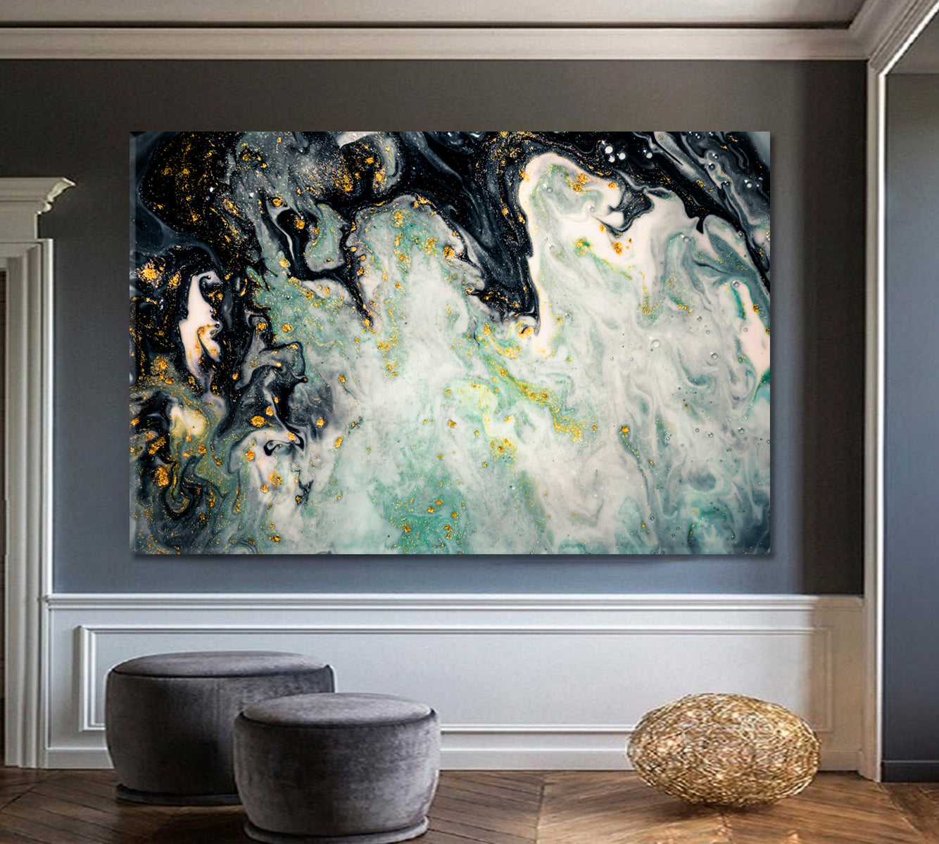 SWIRLS OF MARBLE Agat Ripples Grey Green Acrylic Mix Abstract Fluid Fluid Art, Oriental Marbling Canvas Print Artesty   