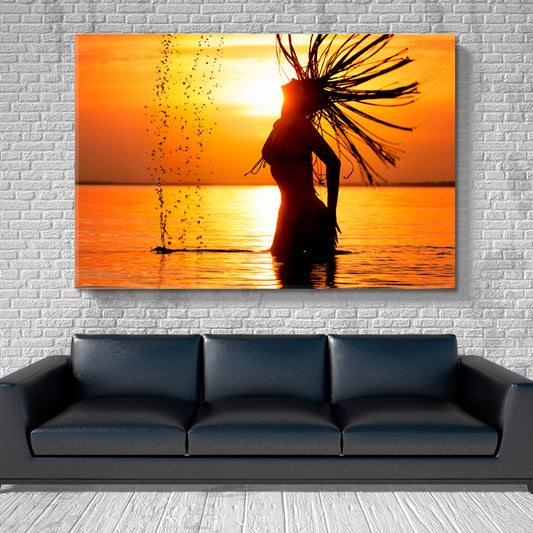 Golden Sunset Beautiful Female Silhouette Scenery Landscape Fine Art Print Artesty 1 panel 24" x 16" 