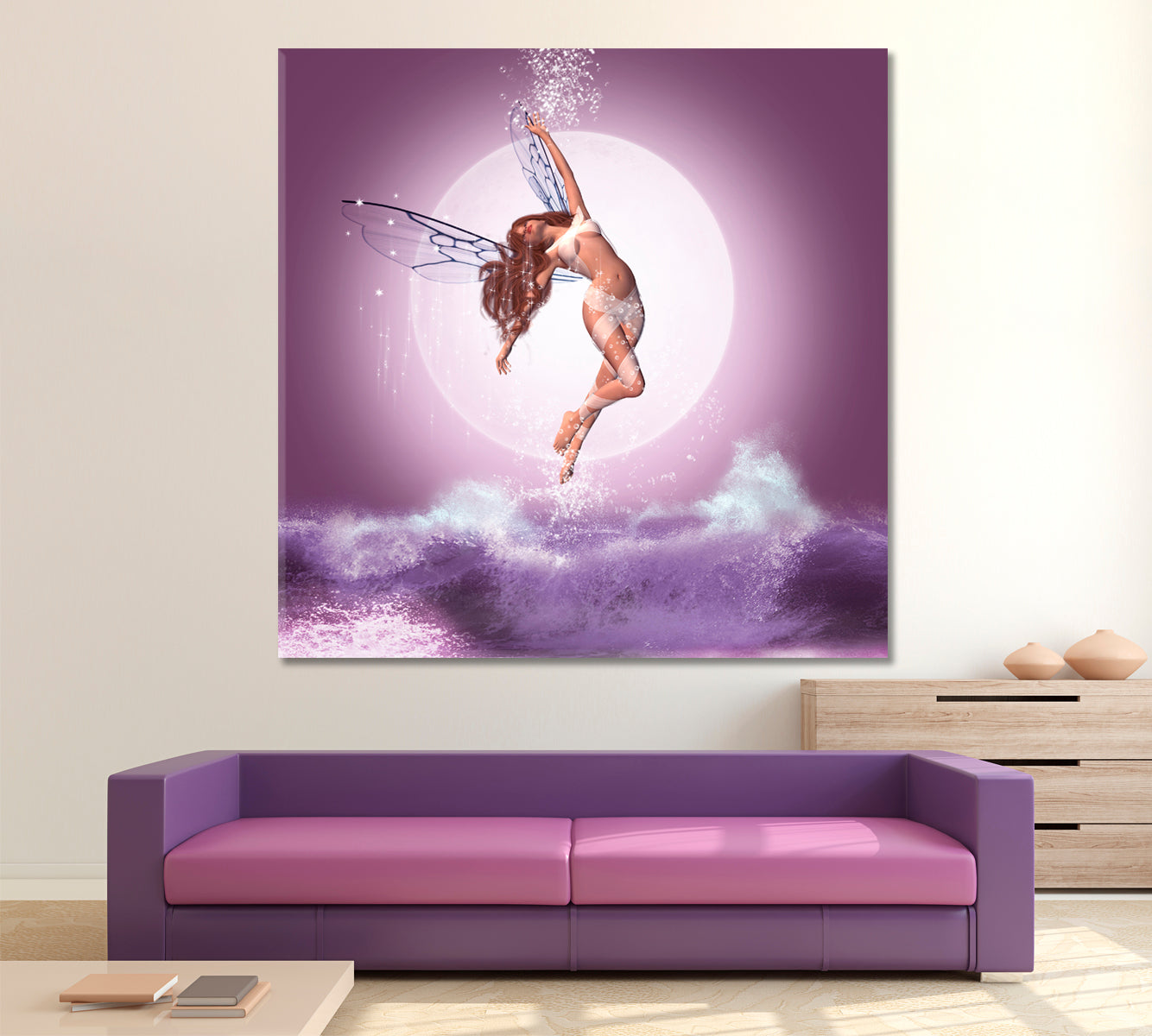 FANTASY Beautiful Fairy Flying Over Waves Contemporary Art Artesty 1 Panel 12"x12" 