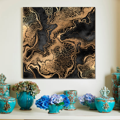 BLACK WITH GOLD EFFECT Marble Swirls Luxury Pattern Trendy Canvas Print - Square Abstract Art Print Artesty   